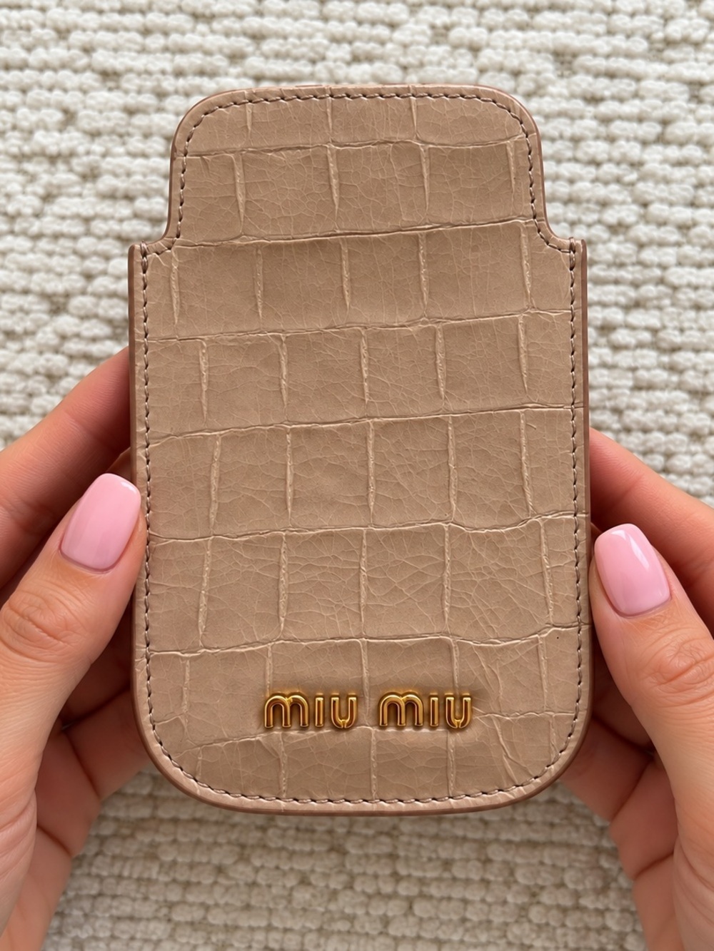 Miu Miu Beige Croc-Embossed Leather Phone Sleeve with Gold Logo